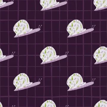 Animal design seamless pattern with snail doodle ornament. Dark purple backgr イラスト素材
