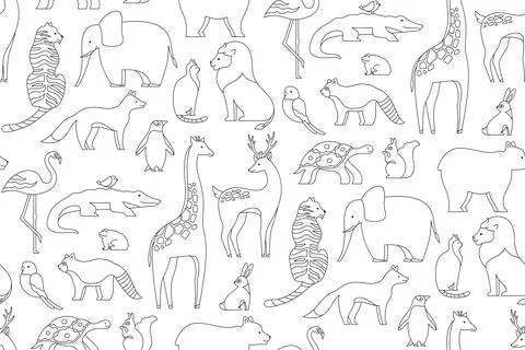 Animal doodle linear seamless pattern endless print mammals characters repeat Illustrazione stock