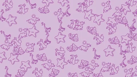 Animal doodle pattern featuring cartoon camels stars birds and shells on purple. Stock Footage 335028773