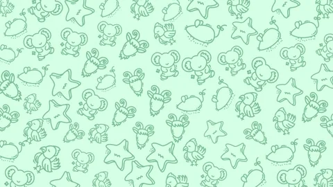 Animal doodle pattern with various light green animals and abstract shapes. Vídeo Stock 334368622