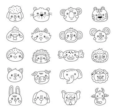 Animal face character set in outline line art Stock Illustration