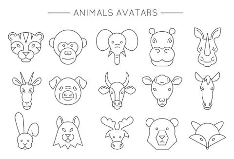 Animal face set. Vector illustration. Animals linear art icons. Cute cartoon Stock-Illustration