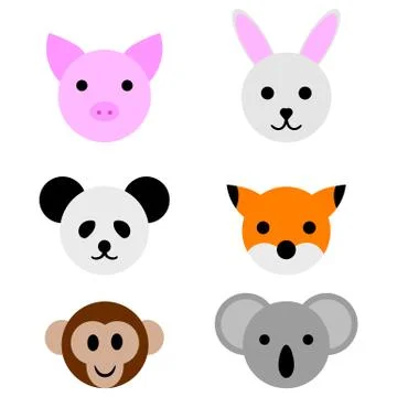 Animal Faces isolated on white background. Pig, Rabbit, Panda, Fox, Monkey. Stock Illustration