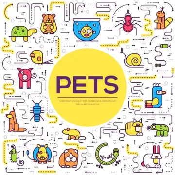 Animal flat thin line illustration icons set. Outline cute home pets on isolated Illustrazione stock