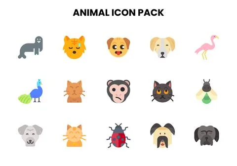 Animal Flat Vector Icons Pack Stock Illustration