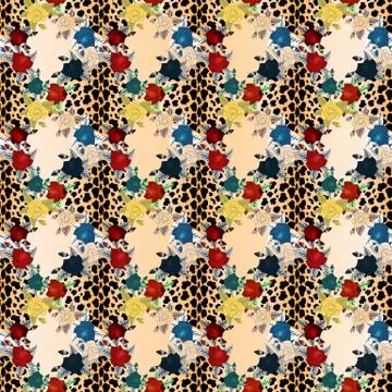 Animal flower seamless pattern in vector. Leopard skin and flowers background Stock Illustration