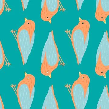 Animal flying seamless pattern with orange colored bird silhouettes. Blue bri Stock Illustration