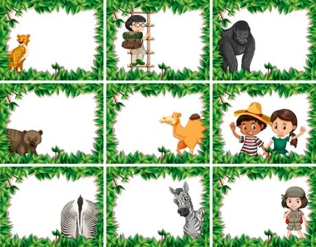 Animal frames with cheetah, ape, camel, zebra with leave frame イラスト素材