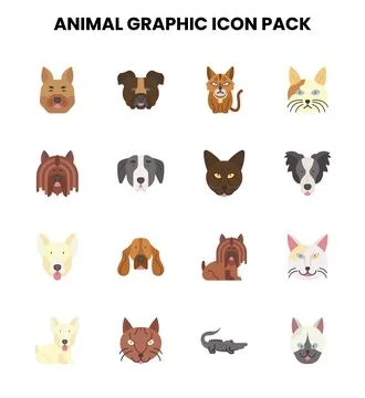 Animal Graphic Flat Vector Icons Pack Stock Illustration