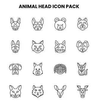 Animal Head Line Vector Icons Pack Stock Illustration