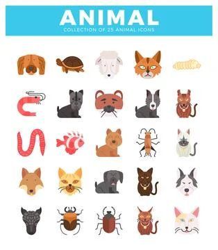 Animal icon collection featuring 25 diverse creatures in a flat design styl.. Stock Illustration