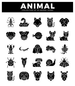 Animal icon collection grid with various creatures on a white background Stock Illustration