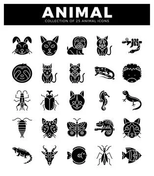 Animal icon graphics in a grid layout on a white background with a black head Stock Illustration