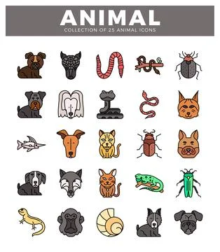 Animal icons displayed as flat graphics with simple lines. set against a wh.. Stock Illustration