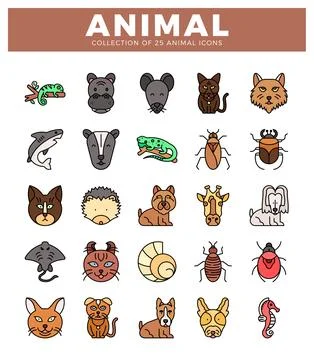 Animal icons featuring various creatures and insects. Set on a white backgr.. Stock Illustration