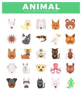 Animal icons with flat design.  Multiple animals depicted as simple. colorf.. Stock Illustration