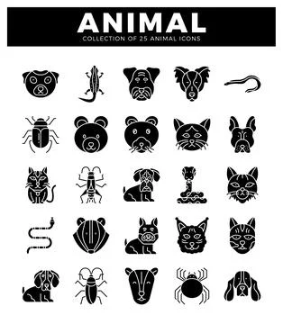 Animal icons. flat design. showcasing pets and insects on white background. Illustrazione stock