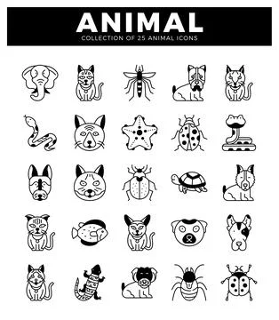 Animal icons in a grid format. white background. Stylized line art. simple .. Stock Illustration