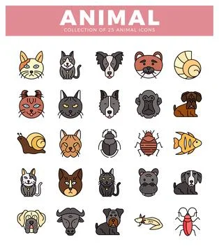 Animal icons in a grid format on a white background. Stock Illustration