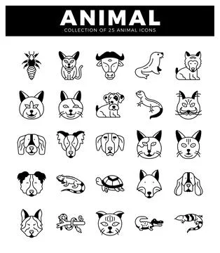 Animal icons in a grid layout. black line art on white background. Stock Illustration