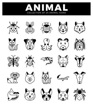 Animal icons in a grid layout. featuring insects. mammals. and sea creature.. Stock Illustration