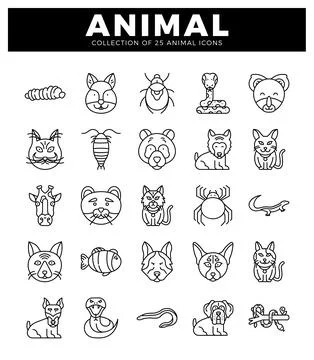 Animal icons in a grid layout. featuring line art of various creatures like.. イラスト素材