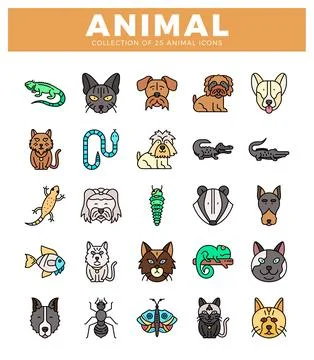 Animal icons in a grid layout. featuring various animals like cats. dogs. r.. Stock Illustration