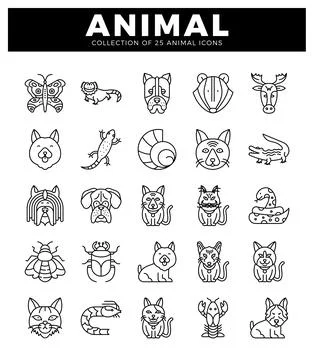 Animal icons in a grid layout. rendered in a clean. minimalist line art sty.. Stock Illustration
