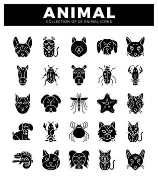 Animal icons in a grid layout. showcasing diverse creatures. Isolated black.. Stock Illustration