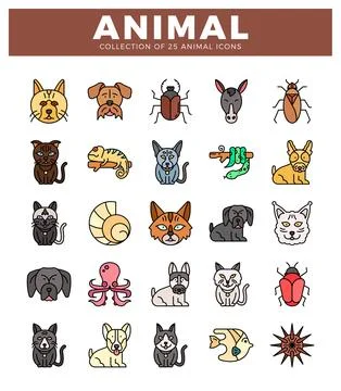Animal icons in a grid layout on a white background. Stock Illustration