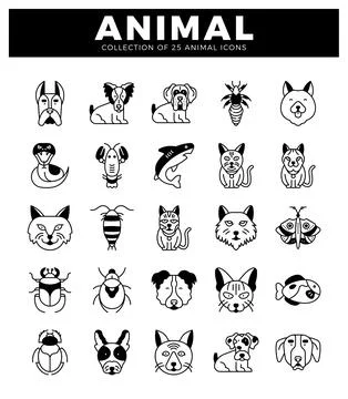 Animal icons in a grid pattern against a white background. Stock Illustration