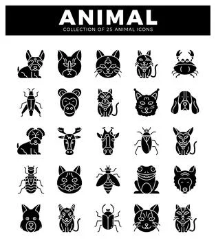 Animal icons in a grid pattern. black and white. イラスト素材
