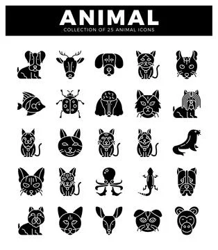 Animal icons in a grid pattern on a black background. Illustrazione stock