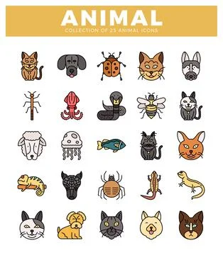 Animal icons in a grid pattern on a white background with a yellow header. Stock Illustration