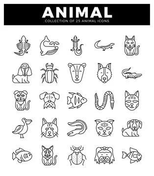 Animal icons in a grid pattern on a white background. featuring line art. 스톡 일러스트