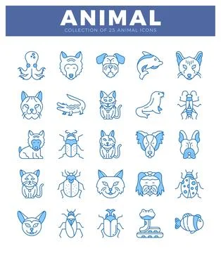 Animal icons presented in a grid. Flat design with blue line art on a white.. Stock Illustration