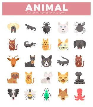 Animal icons presented in a grid format. flat vector style. Stock Illustration
