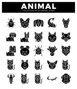 Animal icons presented in a grid format on a white background. Stock Illustration