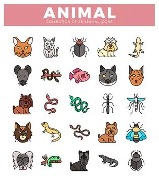 Animal icons presented in a grid format. Isolated cartoon icons for graphic.. Stock Illustration