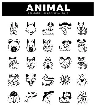 Animal icons presented in a grid format. with outline drawings on a white b.. Stock Illustration