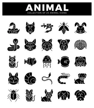 Animal icons presented in a grid layout on a white background. Stock Illustration