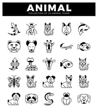 A animal icons presented in a grid layout on a white background. 库存插图