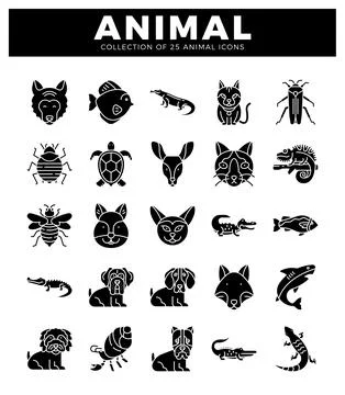Animal icons presented in a grid layout on a white background. 스톡 일러스트