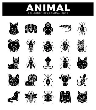 Animal icons presented in a grid layout on a white background. Stock Illustration