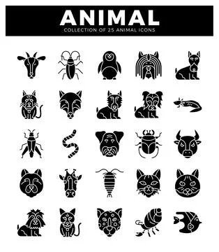 Animal icons presented in a grid pattern. featuring black silhouettes on a .. Illustrazione stock