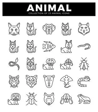 A animal icons on a white background. featuring line drawings of various ma.. Stock Illustration