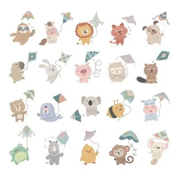 Animal with kite character set Stock Illustration
