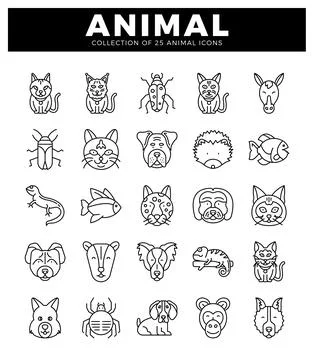 Animal Line Art Icons Set Black and White Animal Vector Icons Stock Illustration