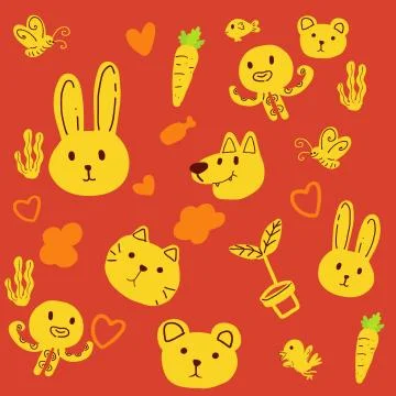 Animal line art pattern on red screen background Stock Illustration
