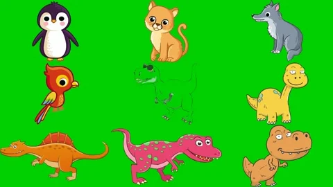 Animal mix on green screen featuring penguin cat wolf bird fart triceratops Stock Footage 334704323